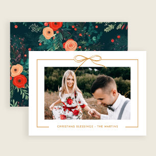 Cartão De Festividades Dourado Arco Branco Floral de Natal Foto com Quadr
