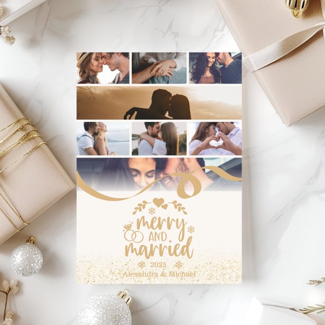 Cartão De Festividades Dourado Brilho 8 Foto Feliz e Casado (Criador carregado)