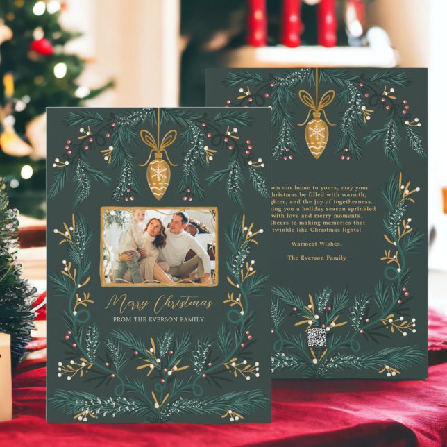 Cartão De Festividades Dourado da ilustração do pinheiro verde Foto Feliz (Green pine illustration gold Photo Merry Christmas Holiday Card)