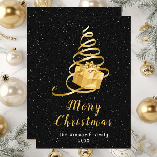 Cartão De Festividades Dourado e Black Ribbon Gift Feliz Natal