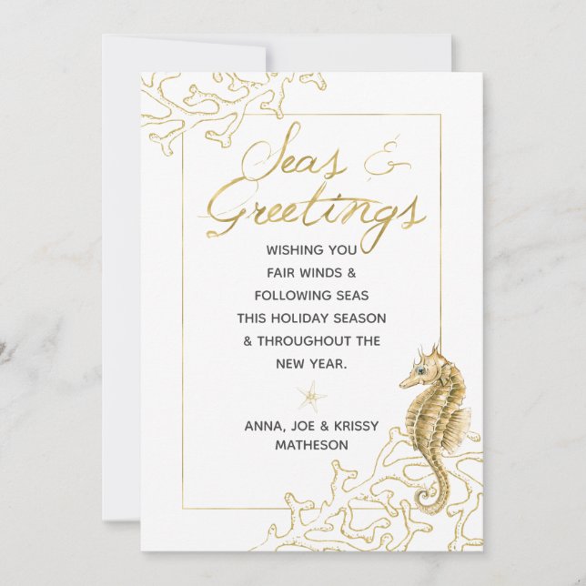 Cartão De Festividades Dourado e branco Mar e saudações Natal náutico (Frente)