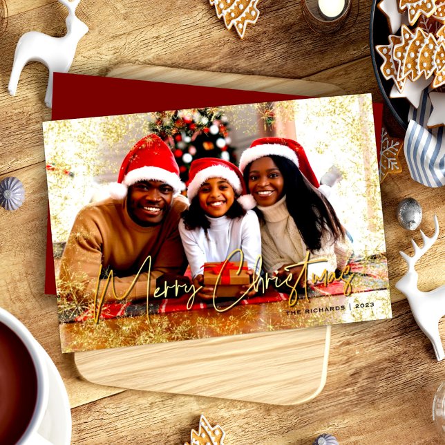 Cartão De Festividades Dourado Flocos de Neve Vermelho Feliz Natal (Criador carregado)