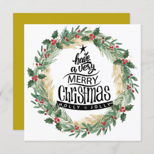 Cartão De Festividades Dourado Fundo Elegante - Script Red Holly Berry Na