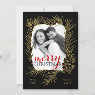 Cartão De Festividades Dourado galho de pínus e moldura de cone Feliz Na