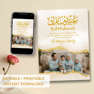 Cartão De Festividades Dourado Glitter Caligrafia Família Foto Eid Mubara