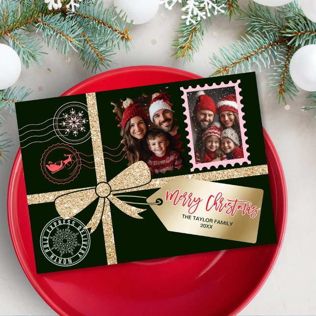 Cartão De Festividades Dourado Glitter Foto do Arco Gift Único Feliz Nata (christmas card designed like a gift box with gold glitter ribbon, bow and gift tag)