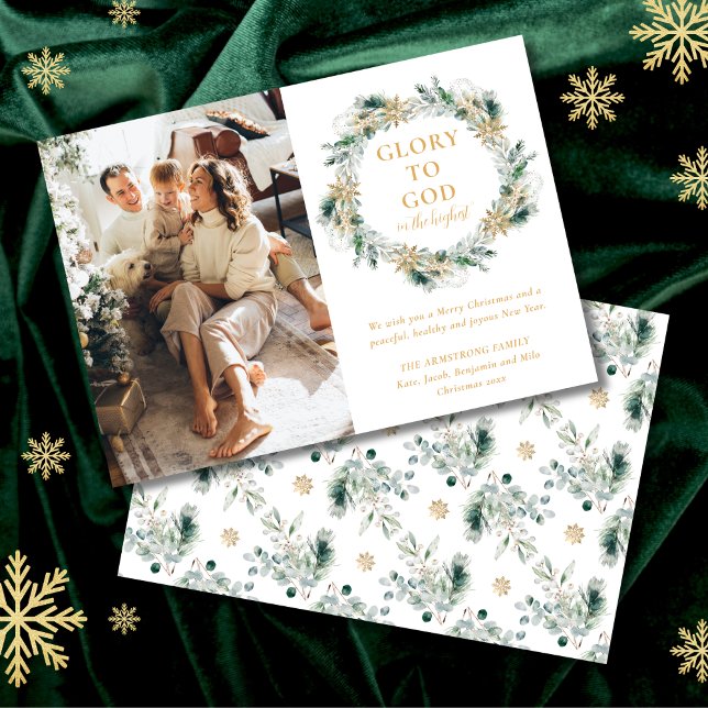 Cartão De Festividades Dourado inverno Verde Moderno Natal Religioso (Glory to God religious Christmas card with winter greenery and family photo.)