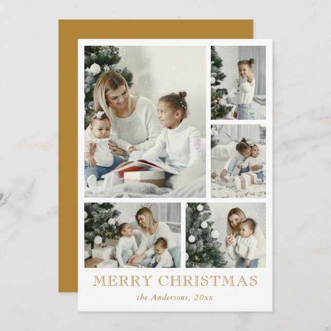 Cartão De Festividades Dourado Natal da Colagem de Fotos Simples Elegante (Frente/Verso)