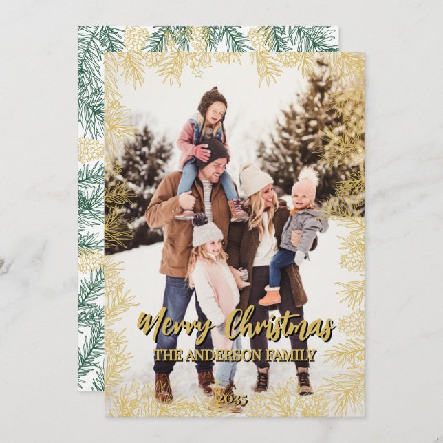Cartão De Festividades Dourado Natal da Família Botânica Moderna Verde (Frente/Verso)
