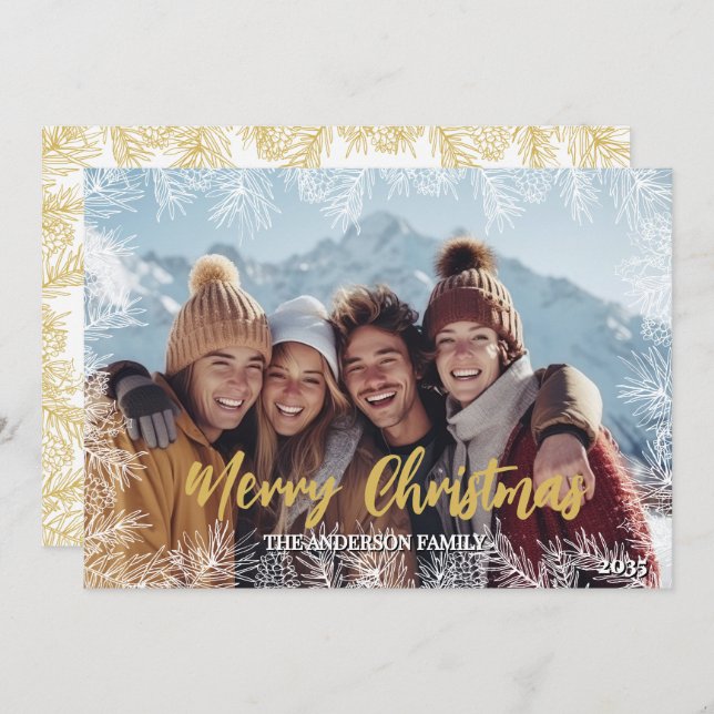 Cartão De Festividades Dourado Natal da família Elegante Moderna e Branca (Frente/Verso)