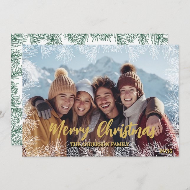 Cartão De Festividades Dourado Natal da família moderna verde-branca (Frente/Verso)