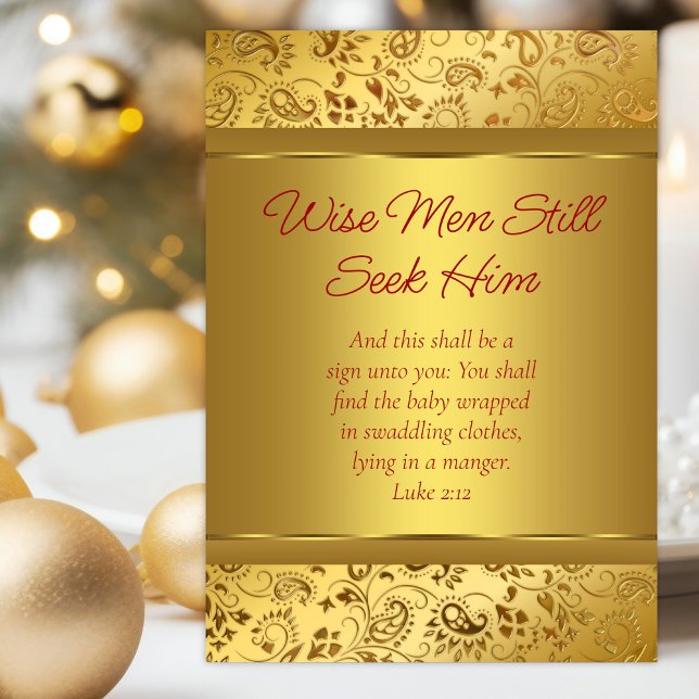 Cartão De Festividades Dourado Natal Elegante (Christian Christmas card with elegant gold swirls and Bible scriptures.)