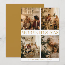 Cartão De Festividades Dourado Natal Mínimo da Foto da Família Elegante M