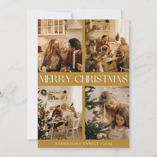 Cartão De Festividades Dourado Natal Mínimo da Foto da Família Elegante M