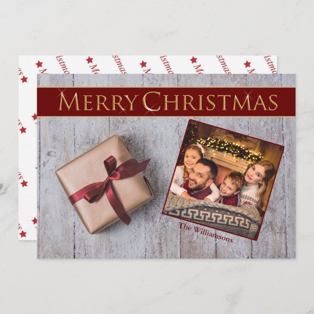 Cartão De Festividades Dourado Natal Presente em Foto do Deck de Neve (Frente/Verso)