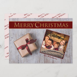 Cartão De Festividades Dourado Natal Presente em Foto do Deck de Neve