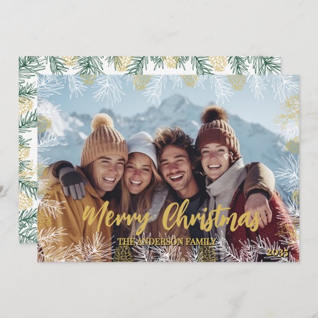 Cartão De Festividades Dourado Natal Verde - Moderna Foto Botânica (Frente/Verso)