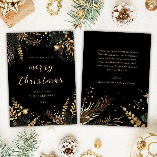 Cartão De Festividades Dourado negro de Natal Elegante moderno (Christmas Botanical Black Gold Modern Elegant Holiday Card)