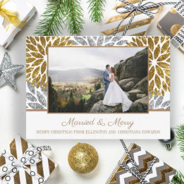 Cartão De Festividades Dourado Prata Brilho Foto Recém-casados Casados Al