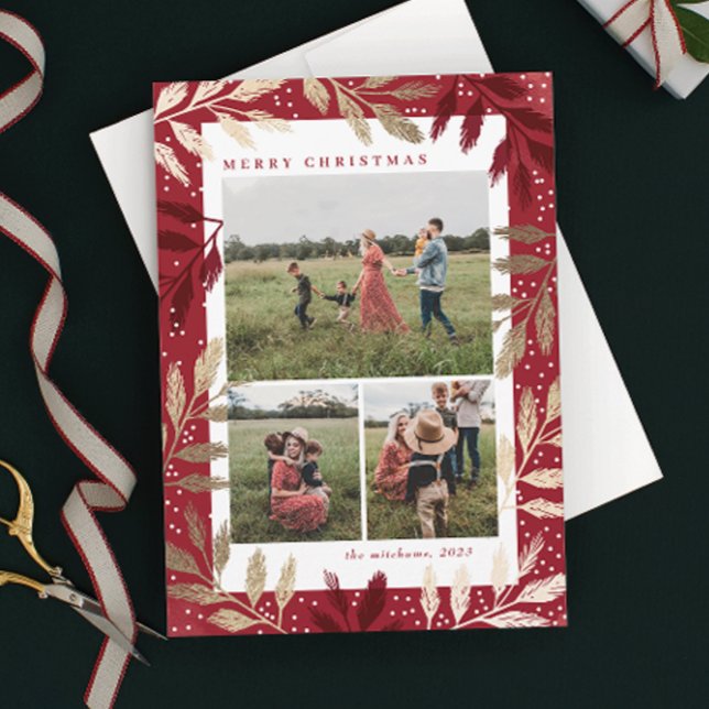 Cartão De Festividades Dourado Ramais 3 Foto Natal (Elegant red and gold branch 3 photo christmas holiday card.)