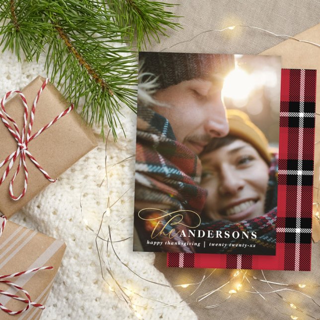 Cartão De Festividades Dourado roteiro vermelho xadrez 1 foto (Criador carregado)