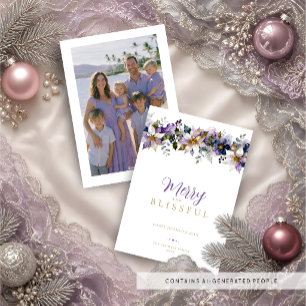 Cartão De Festividades Dourado Roxo Floral Temporada de Natal Foto TMF26