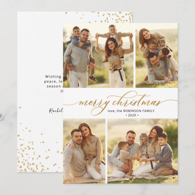 Cartão De Festividades Dourado Script Calliographic 4 Multi-Photo Christm (Frente/Verso)