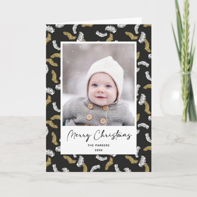 Cartão De Festividades Dourado Script Negro Moderno, Pine Mistletoe Natal (Frente)