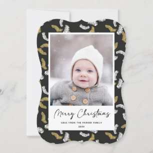 Cartão De Festividades Dourado Script Negro Moderno, Pine Mistletoe Natal