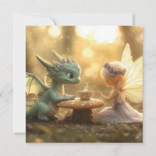 Cartão De Festividades Dragão-Bebê-Cute e Fada Apreciando Chá