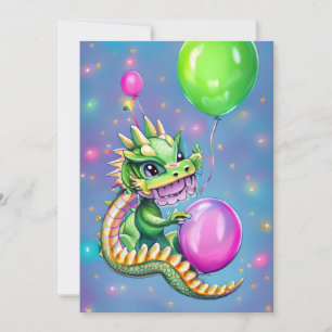 Cartão De Festividades Dragão Bonito de Aniversário com Balões