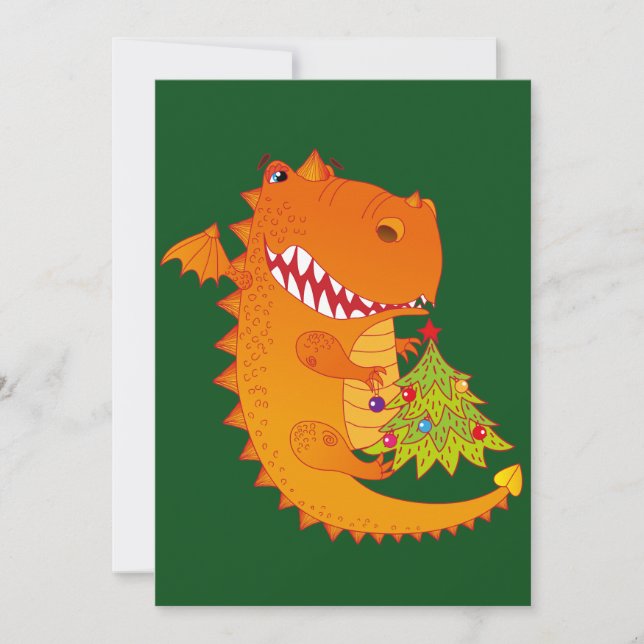 Cartão De Festividades Dragão-Cinto Segurando Árvore De Natal (Frente)