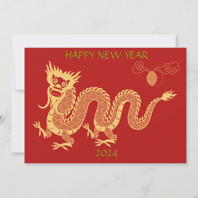 Cartão De Festividades Dragão de Ano Novo Dourado 2024 Chinês (Frente)