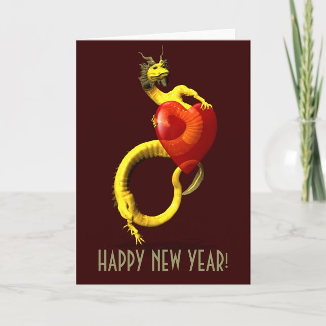 Cartão De Festividades Dragão ouro Com Grande Coração Vermelho (Frente)