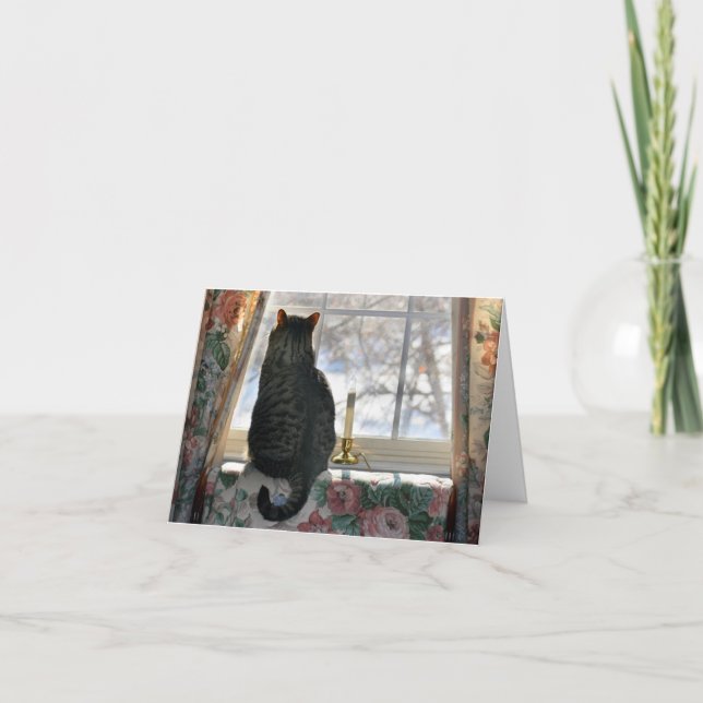 Cartão De Festividades Dreaming of a White Christmas - Cat at Window (Frente)