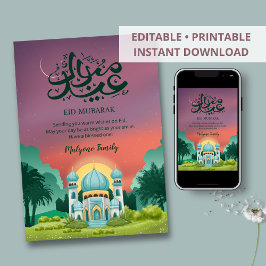 Cartão De Festividades Dreamy Sunset Mosque and Crescent Moon Eid Card