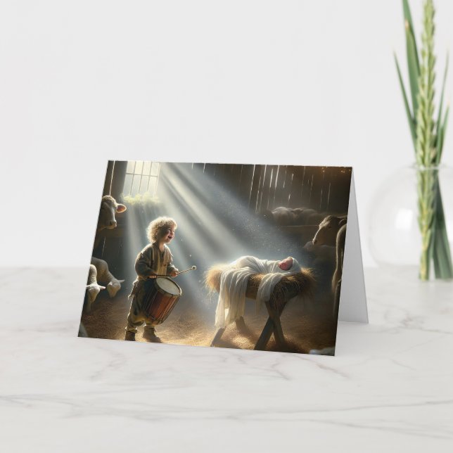 Cartão De Festividades Drummer Boy em um celeiro estável (Frente)