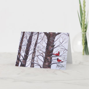 Cartão De Festividades Duas Aves Vermelhas No Inverno