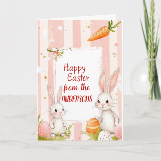 Cartão De Festividades Duas coelhas e cenouras rosa (Frente)
