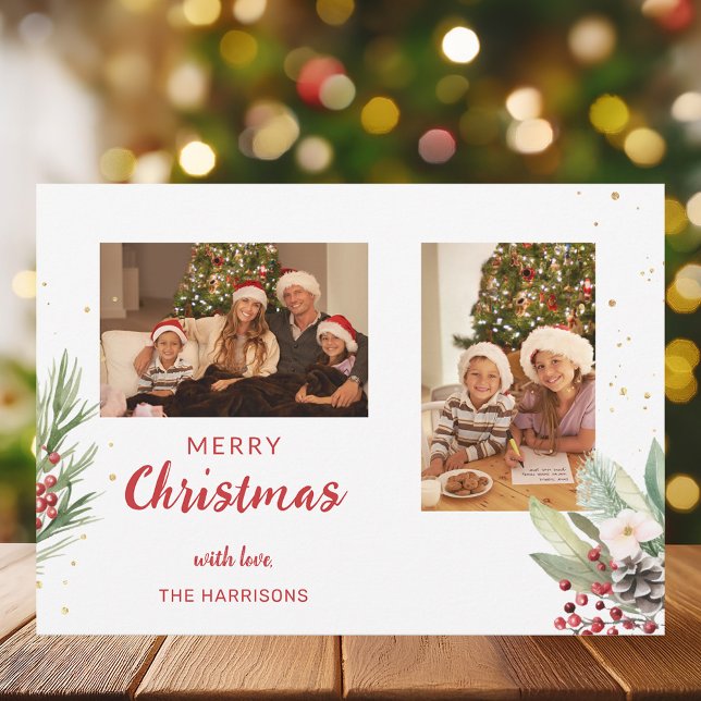 Cartão De Festividades Duas Fotos Botânicas De Natal Com Aquarela Moderna (Criador carregado)