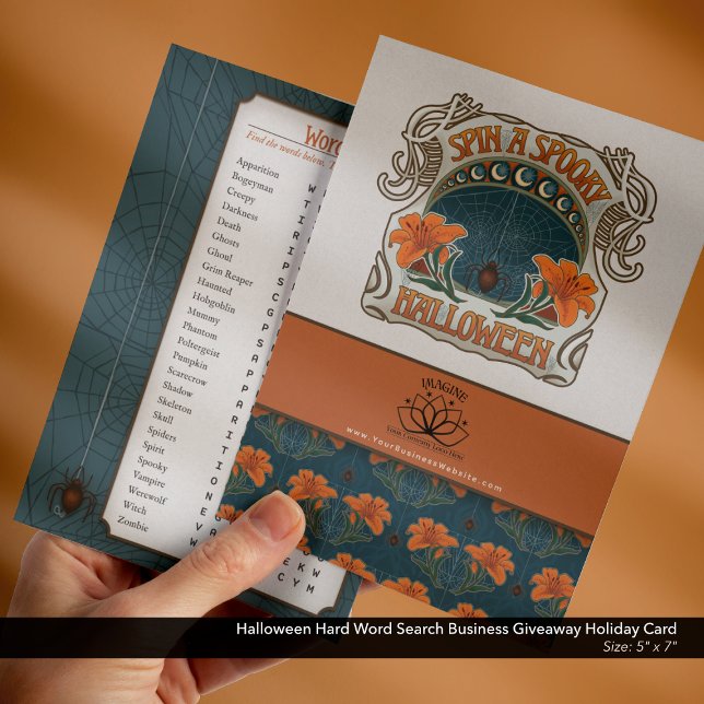 Cartão De Festividades Duro do Halloween, Pesquisa do Word - Fornecimento (Halloween Business Freebie Giveaway Holiday Card with Logo and Website–Difficult Word Search )