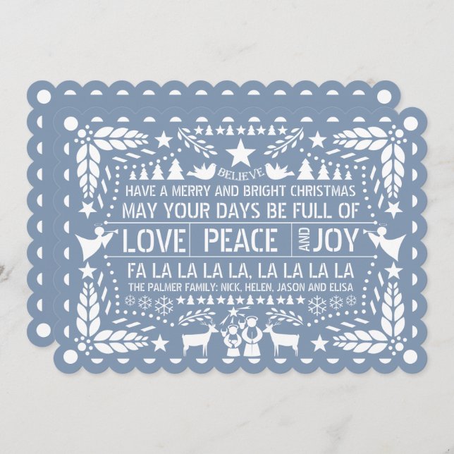Cartão De Festividades Dusty blue Love Peace Joy papel picado Natal H (Frente/Verso)
