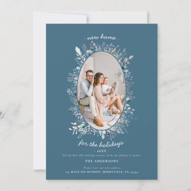 Cartão De Festividades Dusty Blue Winter Foliage New Home Family Photo (Frente)