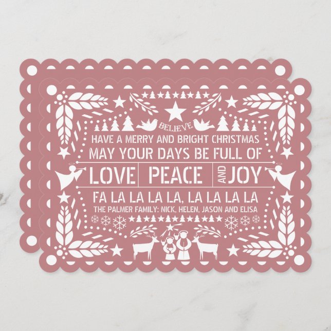 Cartão De Festividades Dusty rosa Love Peace Joy papel picado Natal (Frente/Verso)