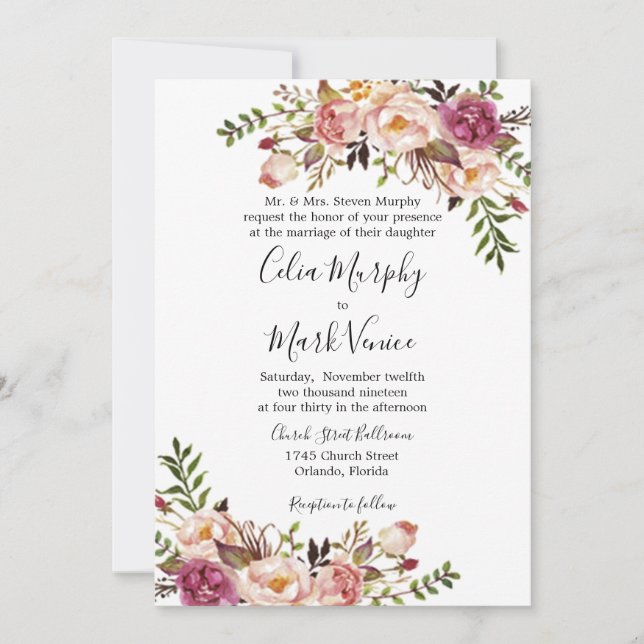 Cartão De Festividades Dusty Rose Floral Wedding Invitation (Frente)