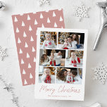 Cartão De Festividades Dusty Rose Merry Christmas Script 6 Photo Collage<br><div class="desc">Modern holiday card featuring 6 of your photos arranged in a collage layout. "Merry Christmas" is displayed in a handwritten dusty rose script with your family name and the year shown below. The multi-photo holiday card reverses to display a dusty rose and white Christmas tree pattern.</div>