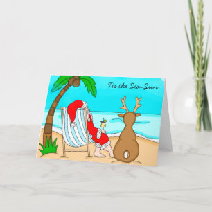 Cartão De Festividades É o Papai Noel do Mar-Sol na Praia com Rena