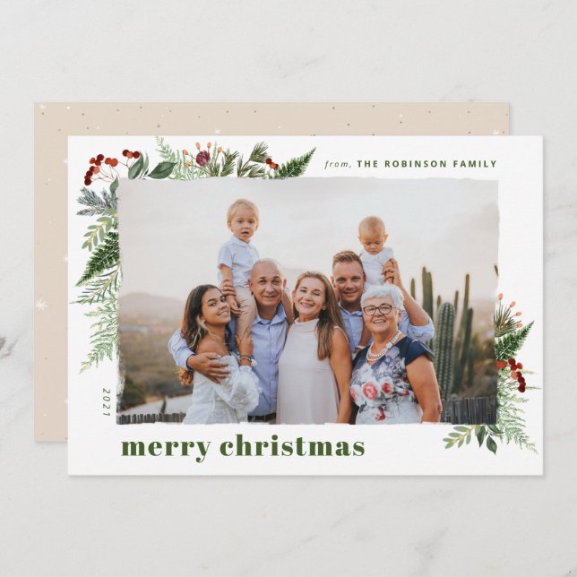 Cartão De Festividades Earthy Boho Greenery Dry Brush Foto de Natal (Frente/Verso)