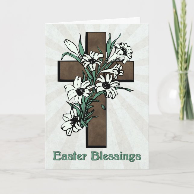 Cartão De Festividades Easter Blessings w/ Cross and Lilies with Sunburst (Frente)