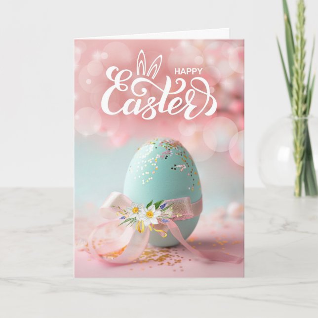 Cartão De Festividades Easter Blue Easter Egg with Ribbon and Daffodils (Frente)